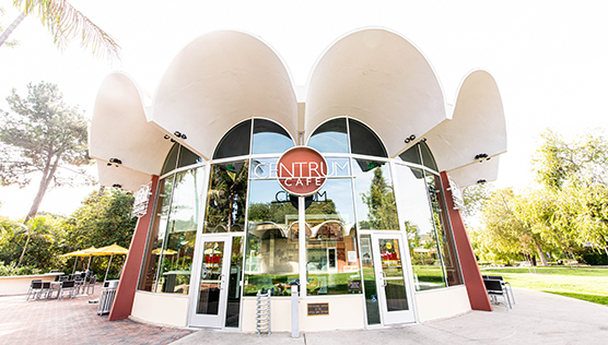 The Centrum front entrance with the Habit Burger Grill inside