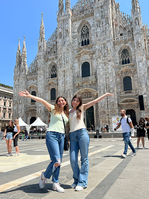 Olivia (Daghestanian, '24) and I were walking around Cathedral Square which houses the Piazza del Duomo and Statue di Vittorio Emanuele II. I had asked a tourist (just like me) to capture a picture of us in front of one of the most beautiful Gothic cathedrals I'd ever seen. Little did we know that the next day we were going to get to go up to the rooftop and see inside the church. We wanted to capture this amazing moment and celebrate the two of us being able to travel together like we always talked about. The weather was definitely a nice change from the rain and gloominess we had, so we took advantage of that and the fact that we got to be in the presence of one of the world's tallest Gothic cathedrals that took 5 centuries to be built. Taking this photo meant that everyone can accomplish their dream of traveling and doing it with a friend is so worth it. Visiting all of the different places in Italy not only educated me on Italian culture but also helped me grow and meet new people. Olivia was one of those and by the end of the trip, we learned that we truly made an everlasting friendship. We hope to travel together more often one day, and let's just say that this photo (and many others) is proof that anything can happen and that we're still young and able to experience life on an extraordinary and magnificent level (just how the Duomo was created). 