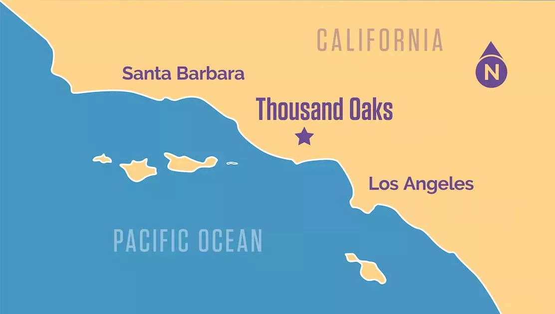 Reference map showing proximity of Thousand Oaks between Los Angeles and Santa Barbara