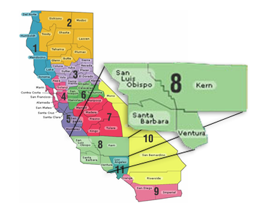 Map of CREEC regions highlighting Region 8 which includes Kern, San Luis Obispo, Santa Barbara, Ventura