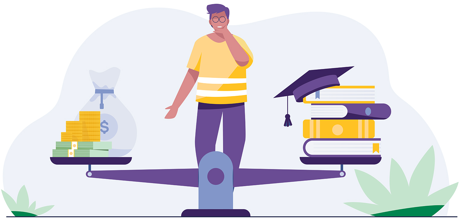 Illustration of a scale balancing money and books